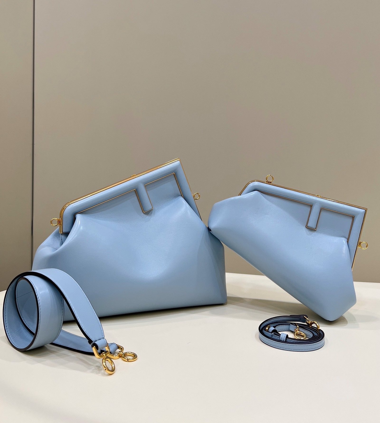 {Style No: JN6GQI25} FENDI FIRST SMALL 32 IN LIGHT BLUE NAPPA LEATHER BAG GOLD HARDWARE - Image 2
