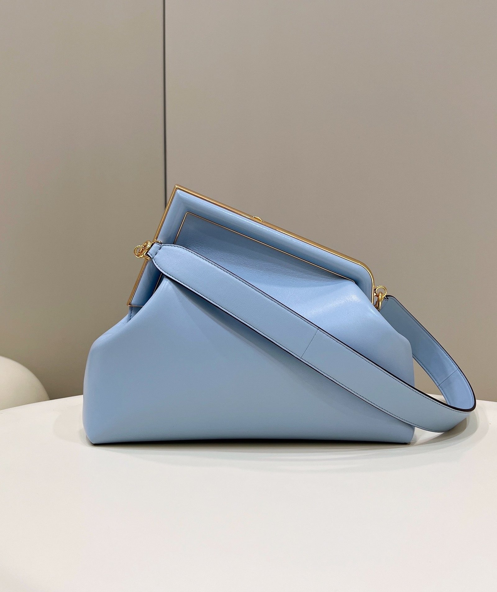 {Style No: JN6GQI25} FENDI FIRST SMALL 32 IN LIGHT BLUE NAPPA LEATHER BAG GOLD HARDWARE - Image 3