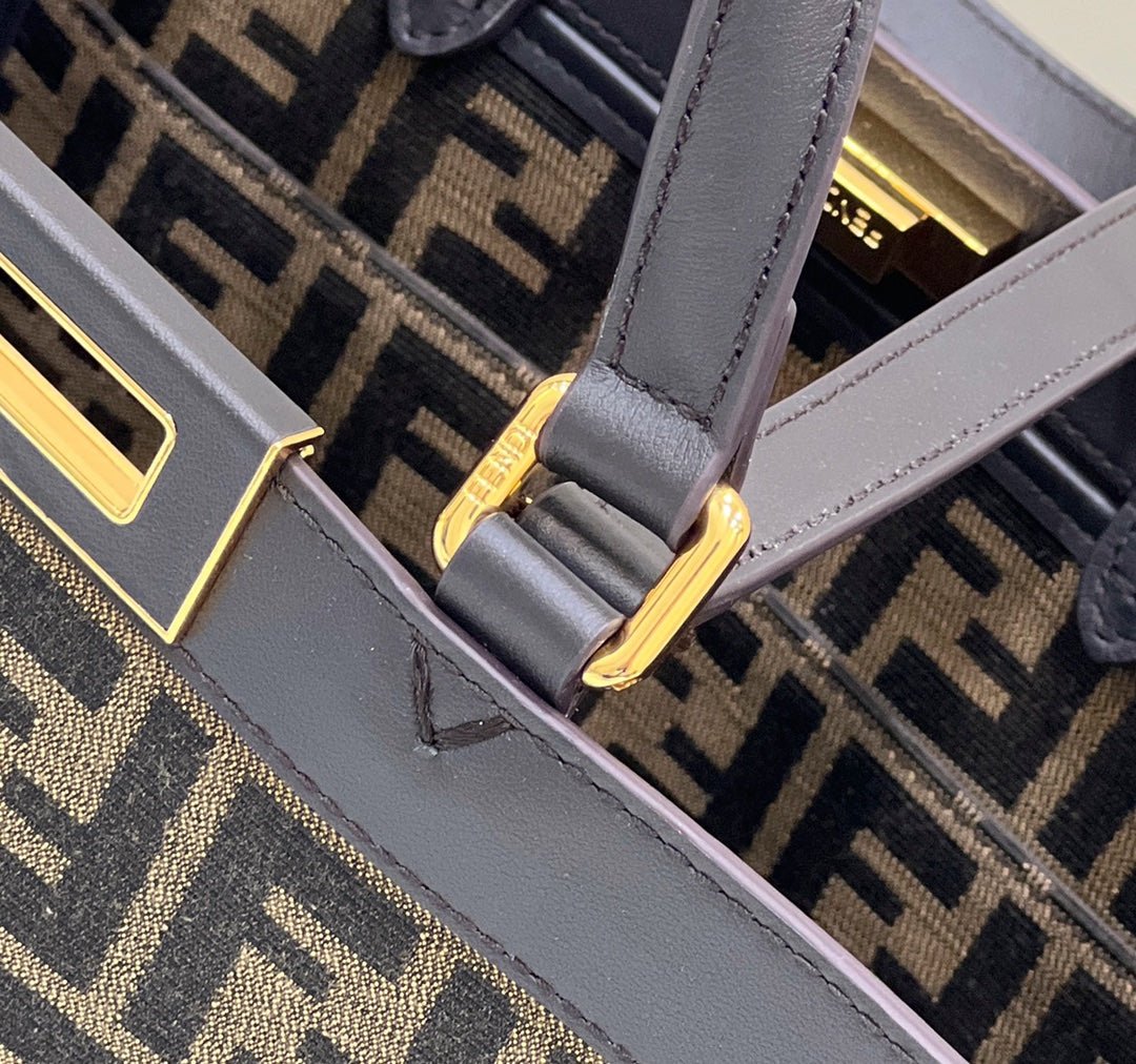 {Style No: LPYMHS5L} FENDI TOTE 41 BAG IN BROWN MIX BLACK MONOGRAM CANVAS GOLD HARDWARE - Image 5