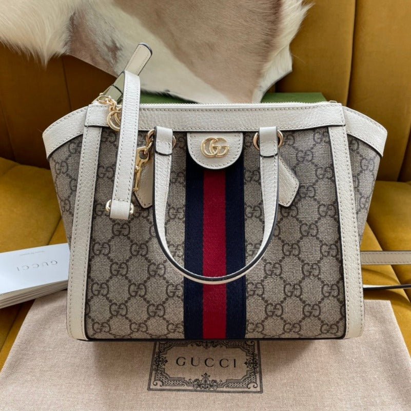 {Style No: F9X2TTXH} GG OPHIDIA 24 TOTE IN BEIGE CANVAS AND WHITE CALFSKIN