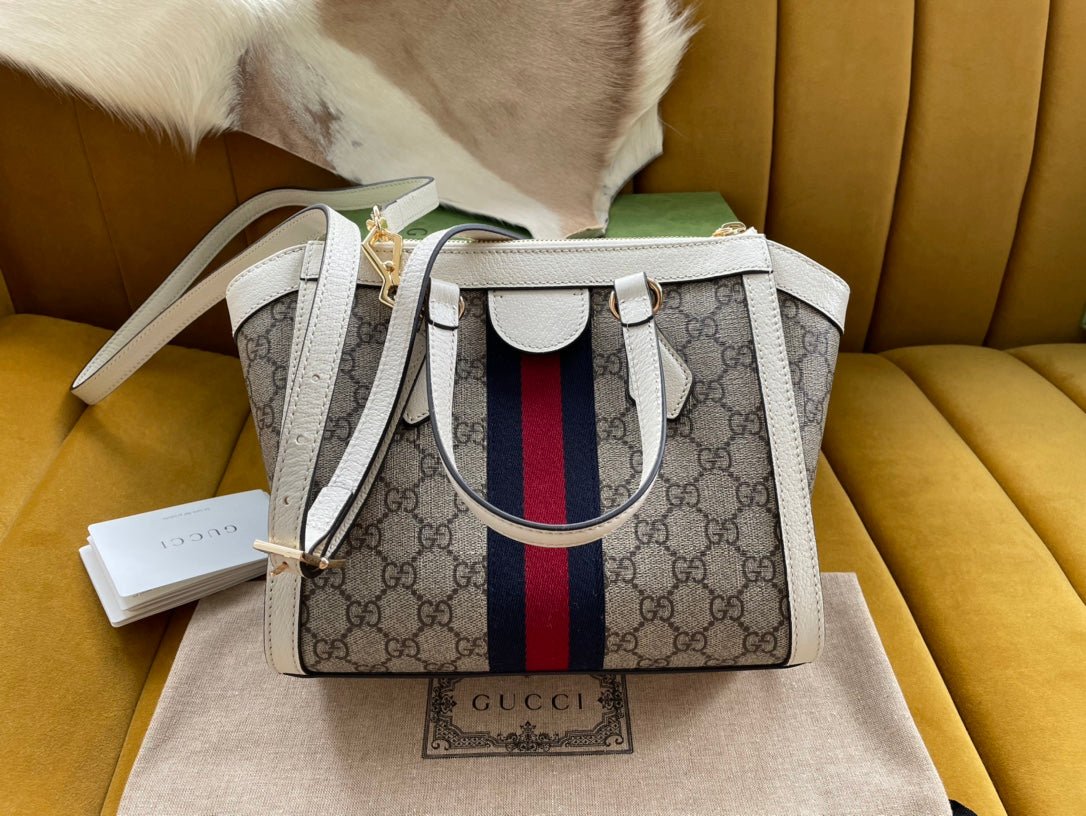 {Style No: F9X2TTXH} GG OPHIDIA 24 TOTE IN BEIGE CANVAS AND WHITE CALFSKIN - Image 2