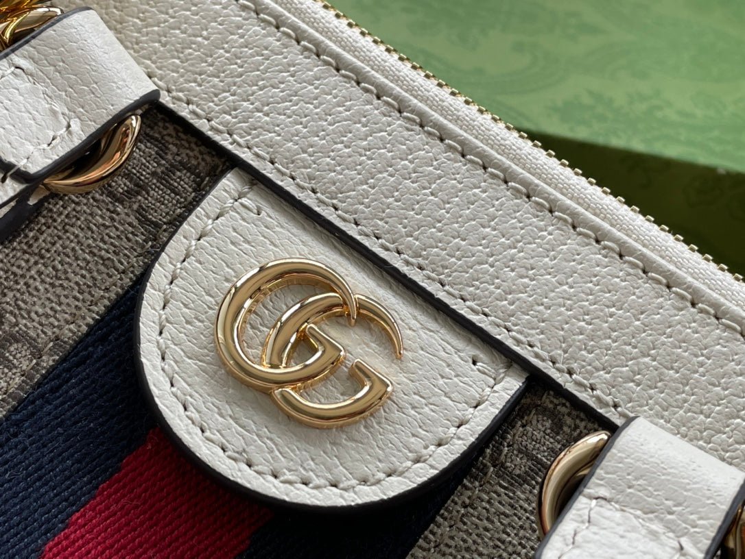 {Style No: F9X2TTXH} GG OPHIDIA 24 TOTE IN BEIGE CANVAS AND WHITE CALFSKIN - Image 9