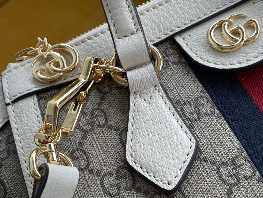 {Style No: F9X2TTXH} GG OPHIDIA 24 TOTE IN BEIGE CANVAS AND WHITE CALFSKIN - Image 5