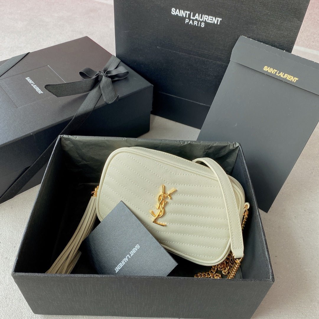 {Style No: CZOVNIJD} LOU MINI CAMERA BAG 19 IN WHITE CAVIAR PATTERN CALFSKIN GOLD HARDWARE