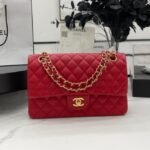 {Style No: LDQ8642F} CC 25 CLASSIC SMALL DOUBLE FLAP BAG IN CHERRY RED CALFSKIN WITH STRAP