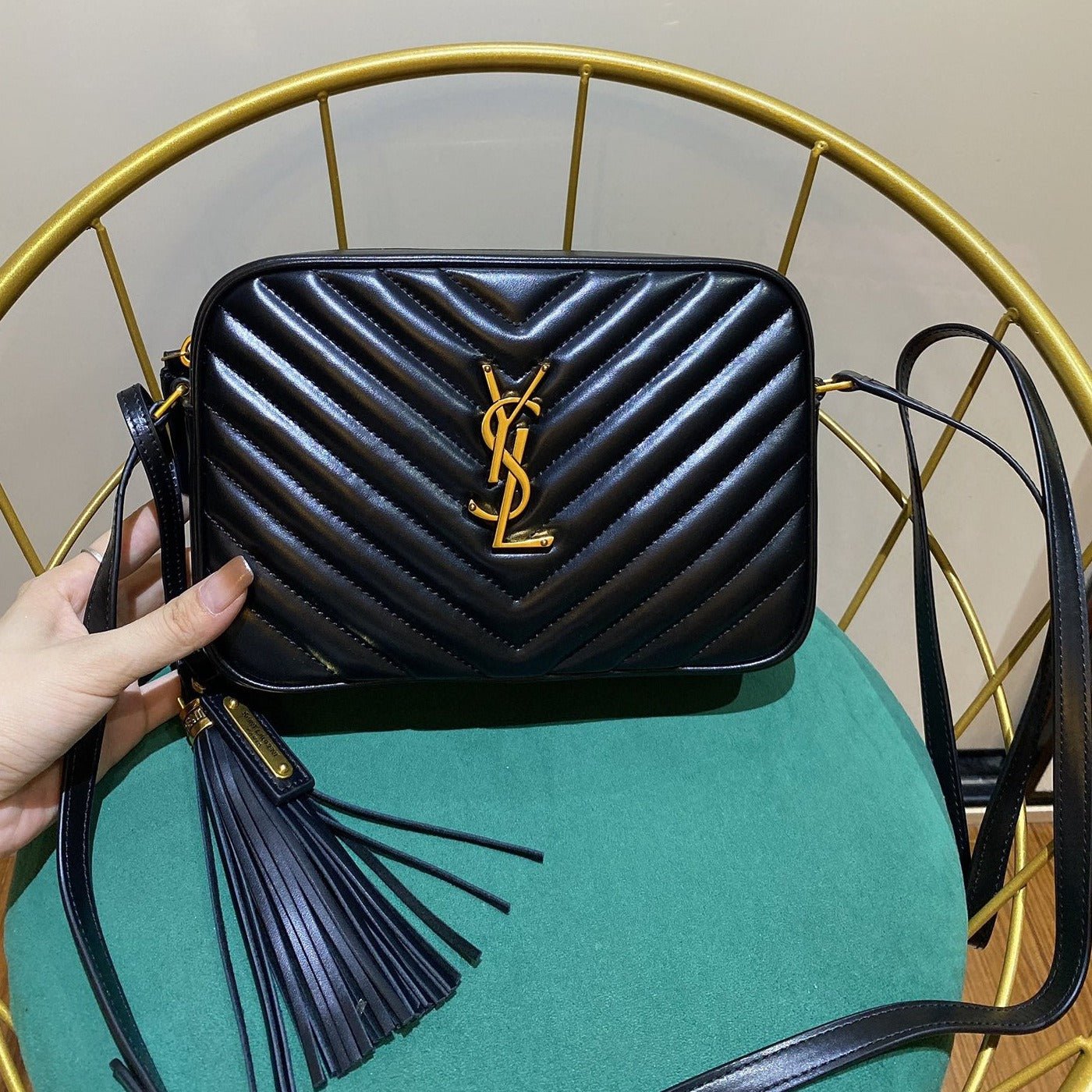 {Style No: NN218MLC} LOU 23 CAMERA BAG IN BLACK/ GOLD QUILTED LEATHER