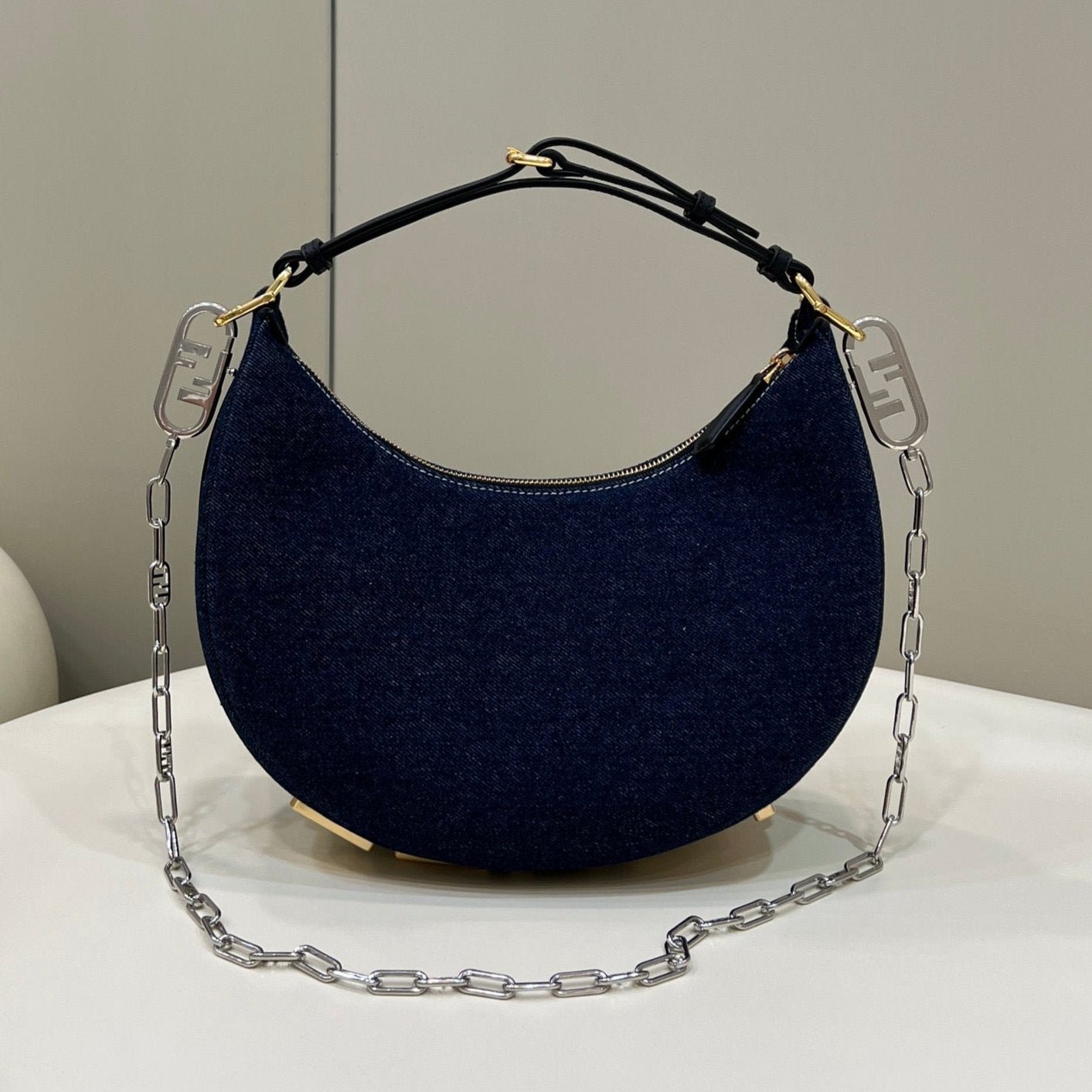{Style No: 3UCUVIUI} FENDIGRAPHY 29 BAG IN NAVY BLUE DENIM FABRIC WITH GOLD HARDWARE
