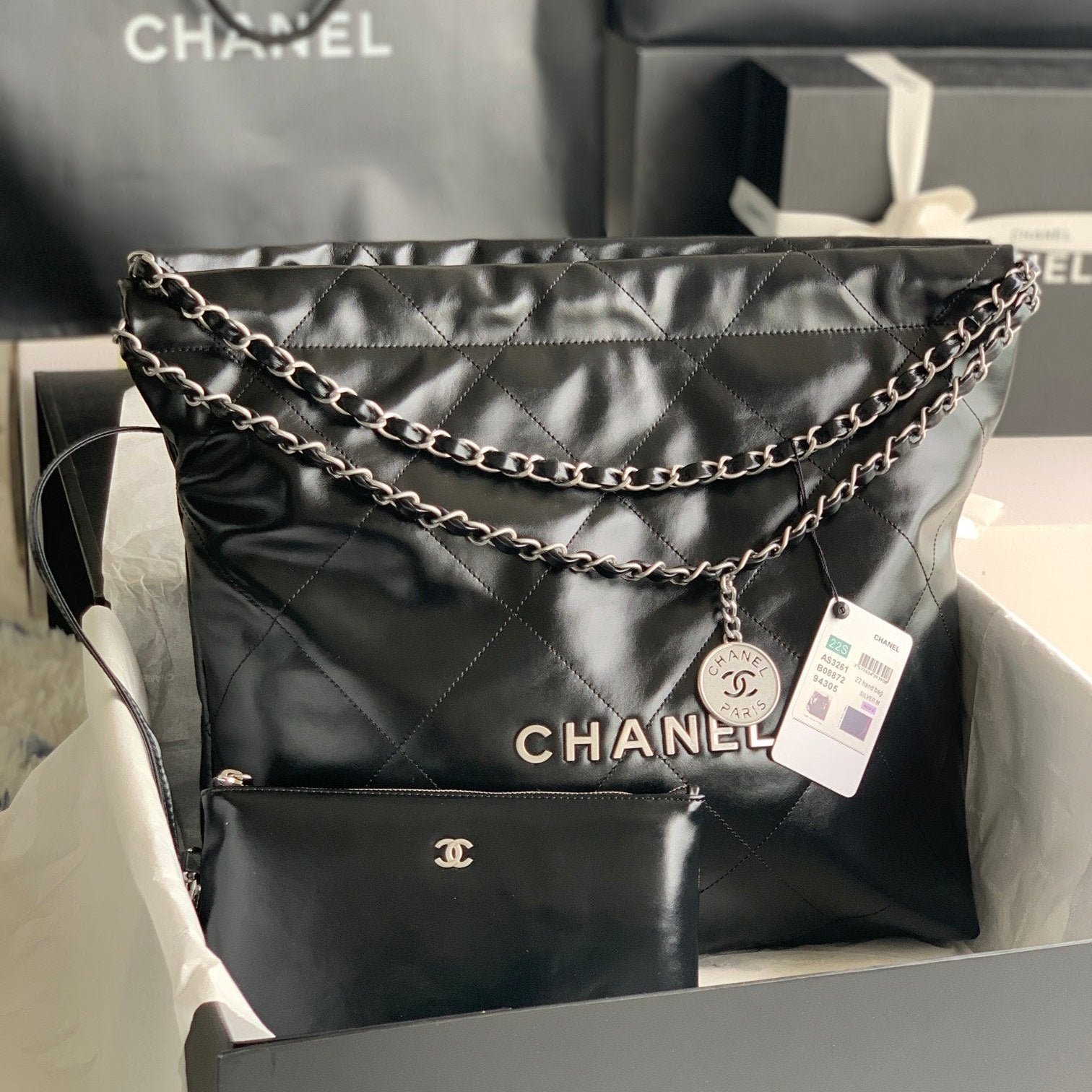 {Style No: STZ5KLFG} CC LARGE 42 HANDBAG IN BLACK SHINY CALFSKIN SILVER HARDWARE