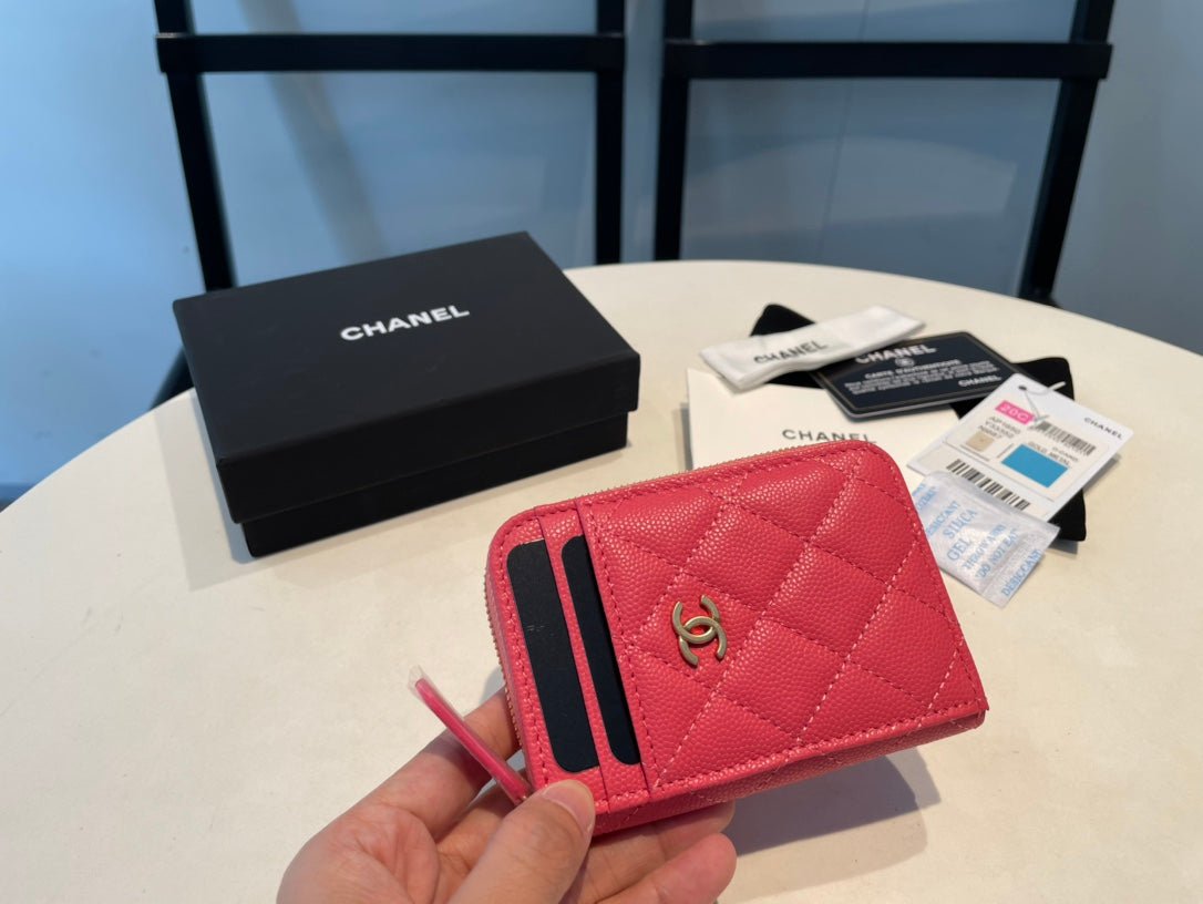 {Style No: 93M6YQFZ} CC ZIPPED COIN PURSE 11 RED PINK GRAINED CALFSKIN - Image 2