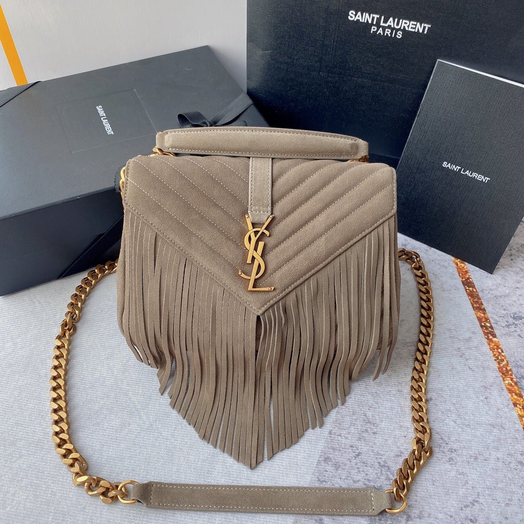 {Style No: AAW9WO36} COLLEGE TASSEL 24 IN LIGHT FAWN SUEDE GOLD HARDWARE
