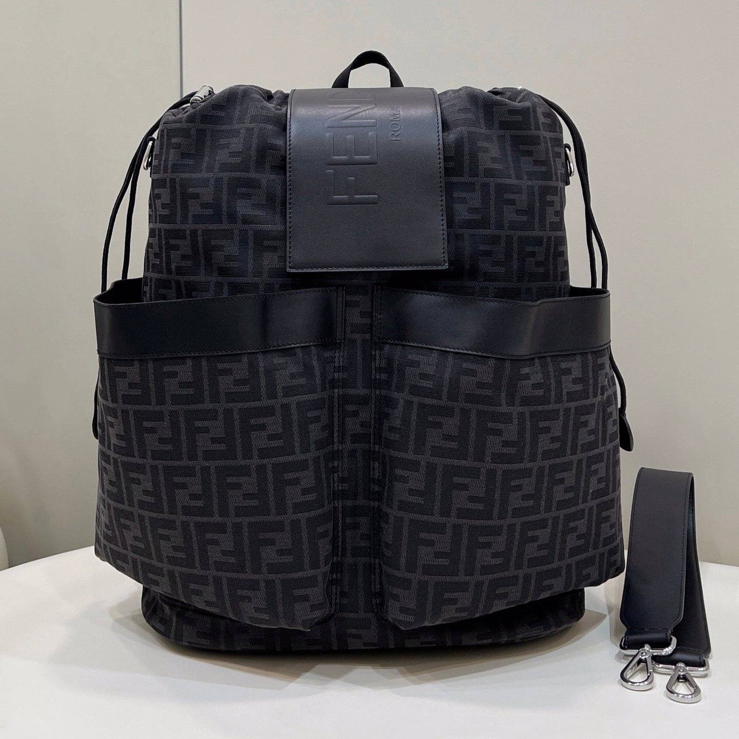 {Style No: 4NO2JYW4} FENDI STRIKE LARGE 46 FF BLACK JACQUARD FABRIC BACKPACK