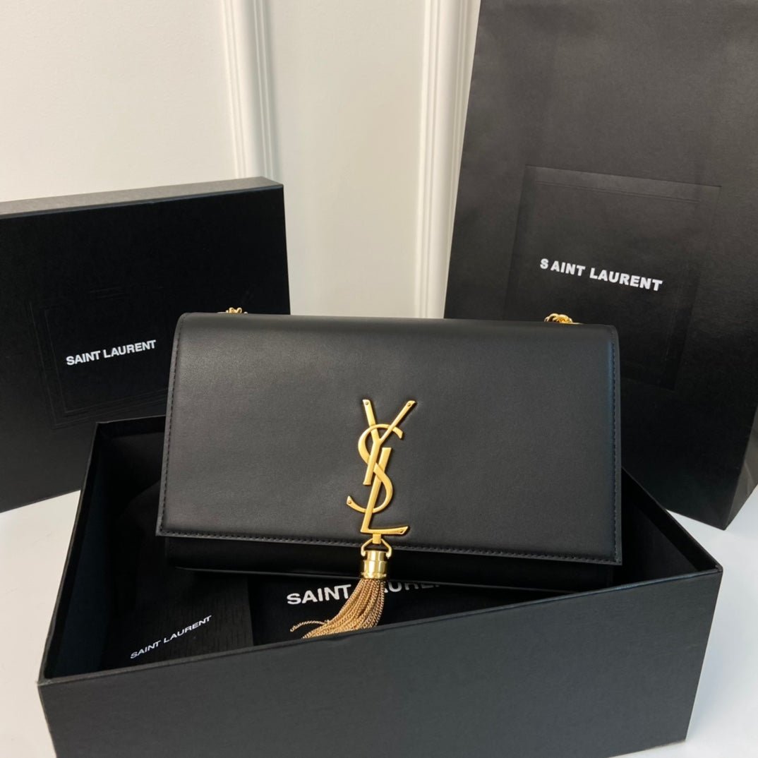 {Style No: CYS4XFY4} KATE TASSEL 24 BLACK CALFSKIN WITH GOLD LOGO