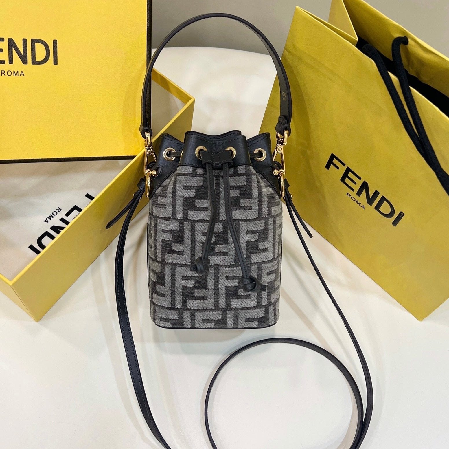 {Style No: KMFID25F} MON TRESOR MINI 18 BAG IN BLACK MIX GREY FF FABRIC WITH GOLD HARDWARE