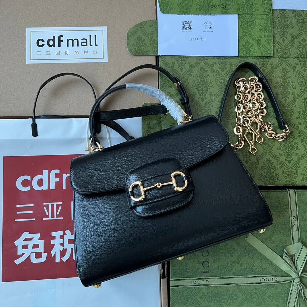 {Style No: TPI5312Z} HORSEBIT 1955 MEDIUM TOP HANDLE BAG 29 IN BLACK CALFSKIN GOLD HARDWARE