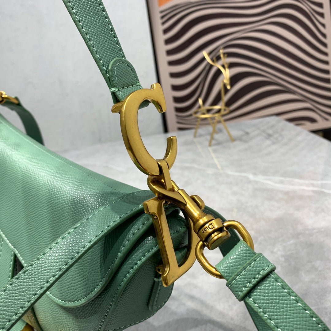{Style No: DQYBNTTR} CD Saddle Bag Strap Warm Taupe Grained Green Calfskin - Image 7