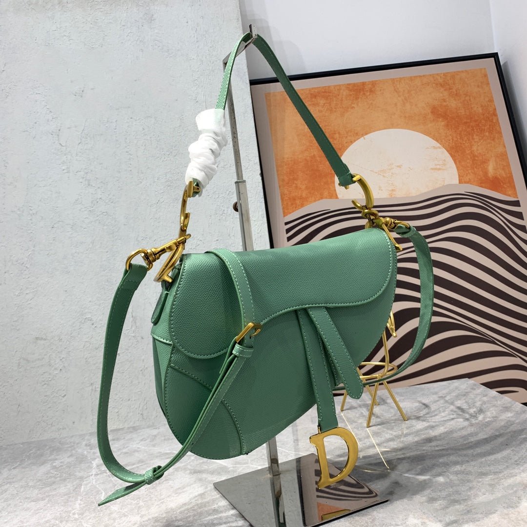 {Style No: DQYBNTTR} CD Saddle Bag Strap Warm Taupe Grained Green Calfskin - Image 2
