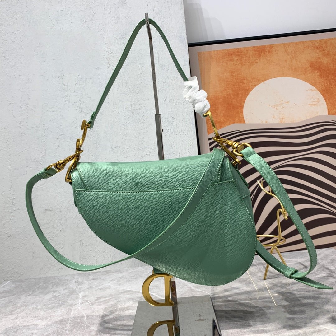 {Style No: DQYBNTTR} CD Saddle Bag Strap Warm Taupe Grained Green Calfskin - Image 3