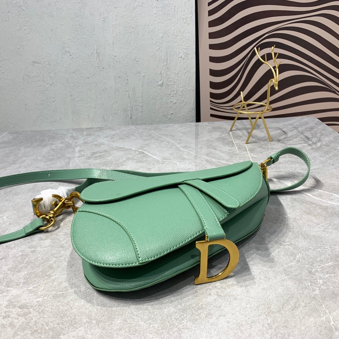 {Style No: DQYBNTTR} CD Saddle Bag Strap Warm Taupe Grained Green Calfskin - Image 4