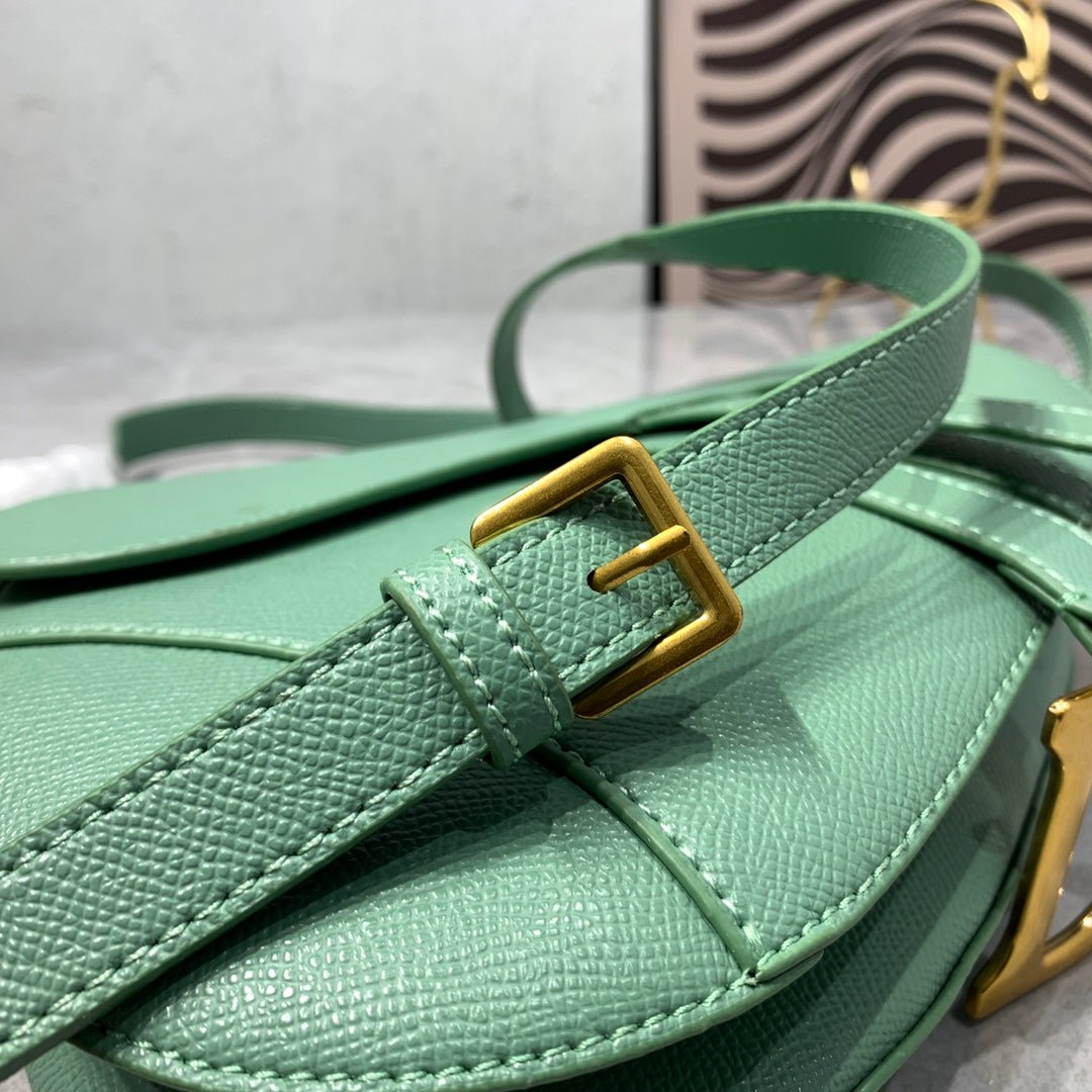 {Style No: DQYBNTTR} CD Saddle Bag Strap Warm Taupe Grained Green Calfskin - Image 5