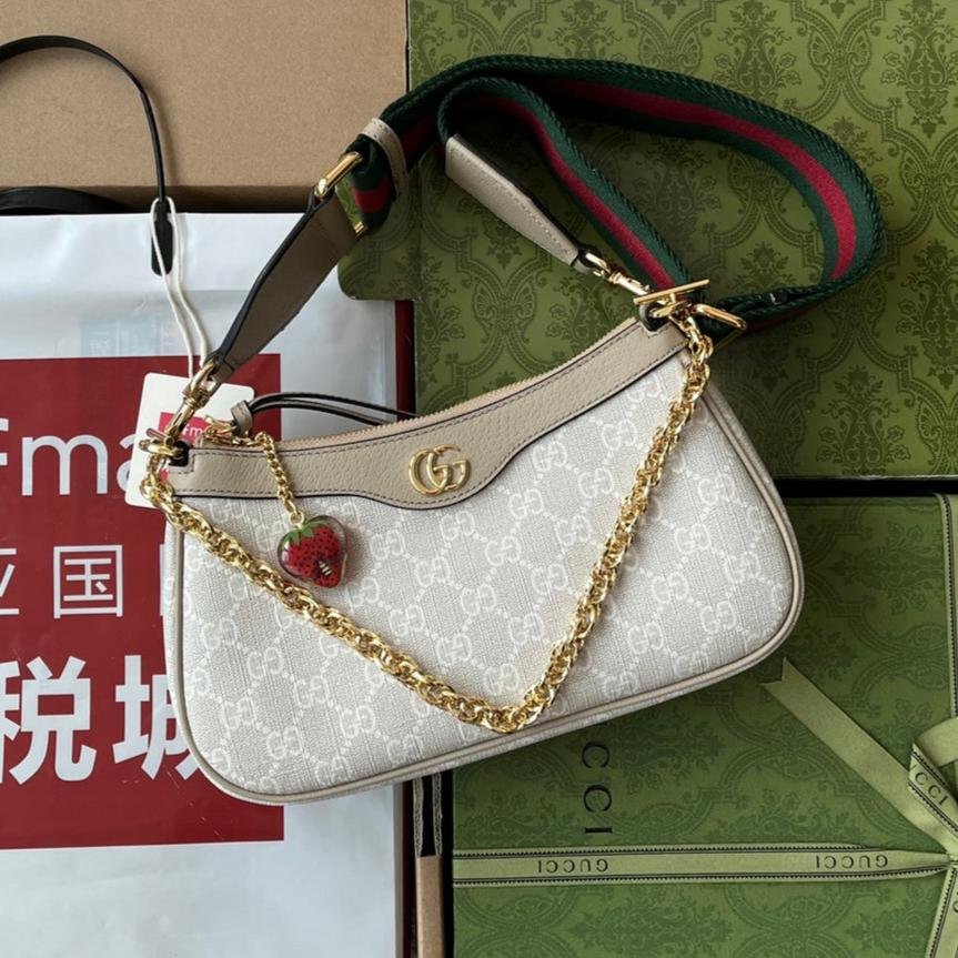 {Style No: BNCGCZRD} OPHIDIA SMALL SHOULDER BAG 25 IN WHITE CANVAS AND OAT LAMBSKIN GOLD HARDWARE