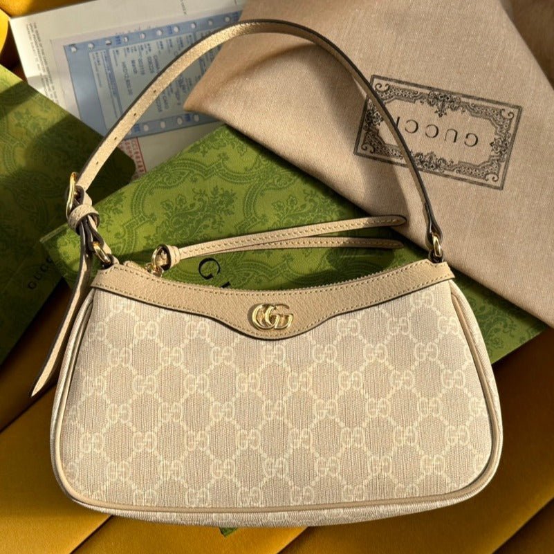 {Style No: 2RAIJXT4} OPHIDIA GG SMALL 25 HANDBAG BEIGE AND WHITE SUPREME CANVAS