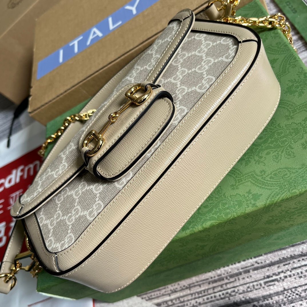 {Style No: NLEF1NGZ} GG HORSEBIT 1955 BAG 24 IN WHITE CANVAS AND BEIGE CALFSKIN - Image 6