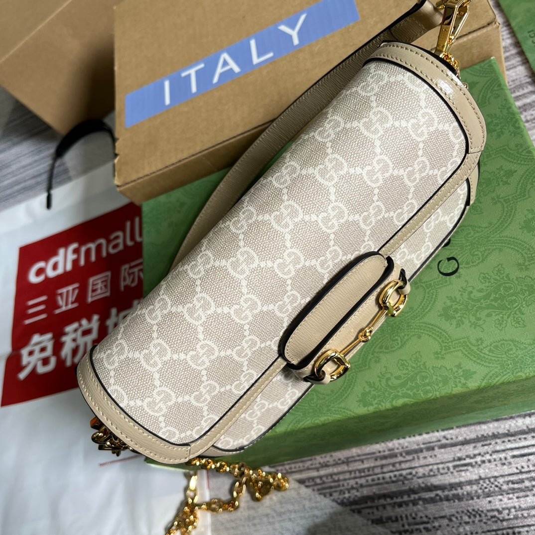 {Style No: NLEF1NGZ} GG HORSEBIT 1955 BAG 24 IN WHITE CANVAS AND BEIGE CALFSKIN - Image 7