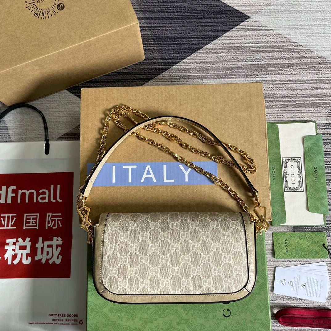 {Style No: NLEF1NGZ} GG HORSEBIT 1955 BAG 24 IN WHITE CANVAS AND BEIGE CALFSKIN - Image 3
