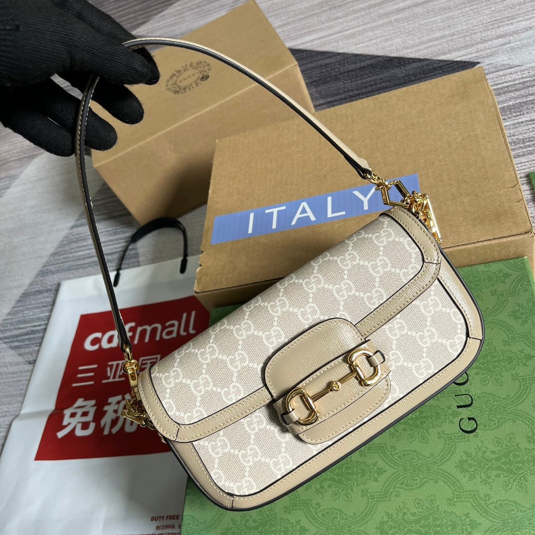{Style No: NLEF1NGZ} GG HORSEBIT 1955 BAG 24 IN WHITE CANVAS AND BEIGE CALFSKIN - Image 2