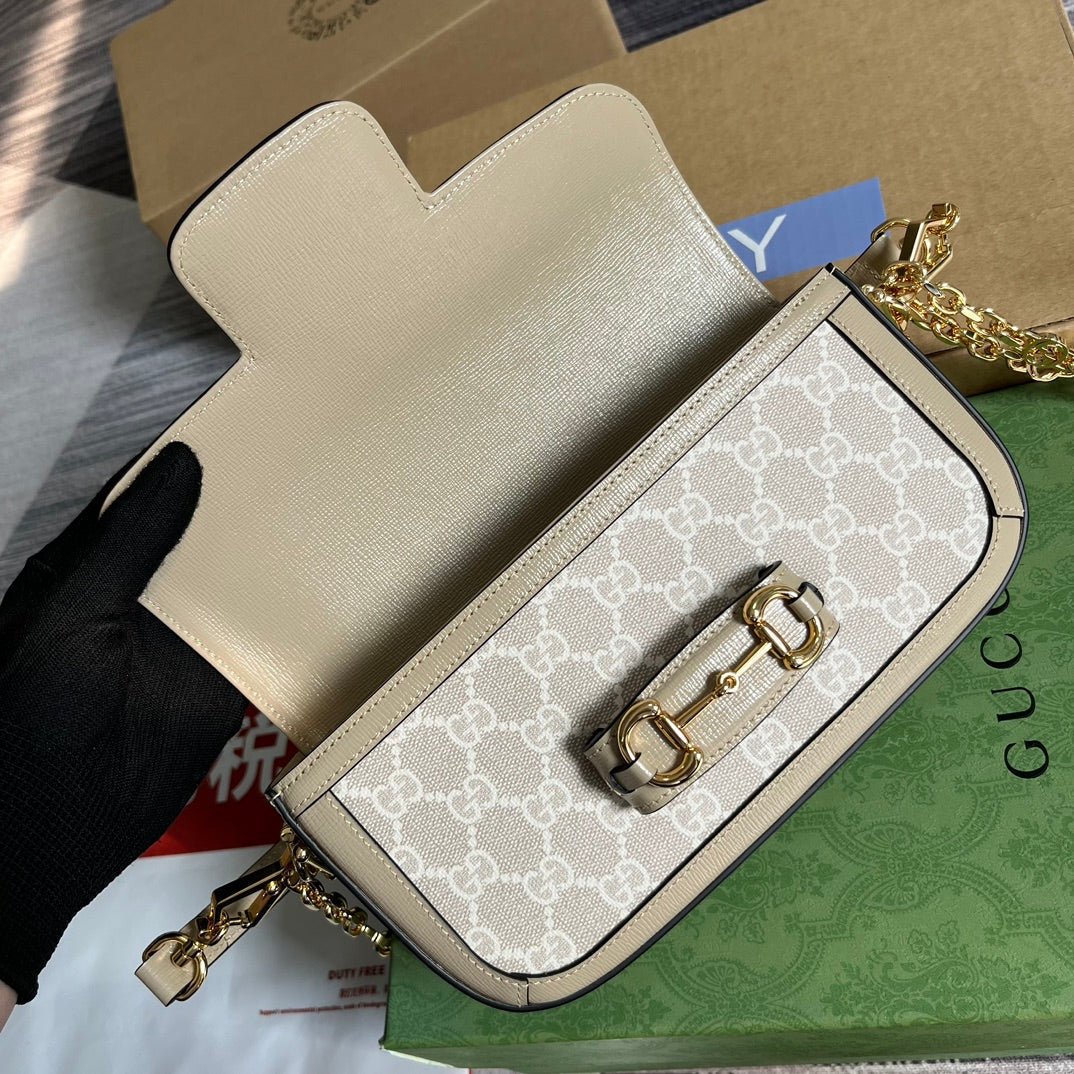 {Style No: NLEF1NGZ} GG HORSEBIT 1955 BAG 24 IN WHITE CANVAS AND BEIGE CALFSKIN - Image 4