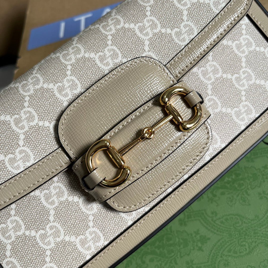 {Style No: NLEF1NGZ} GG HORSEBIT 1955 BAG 24 IN WHITE CANVAS AND BEIGE CALFSKIN - Image 5