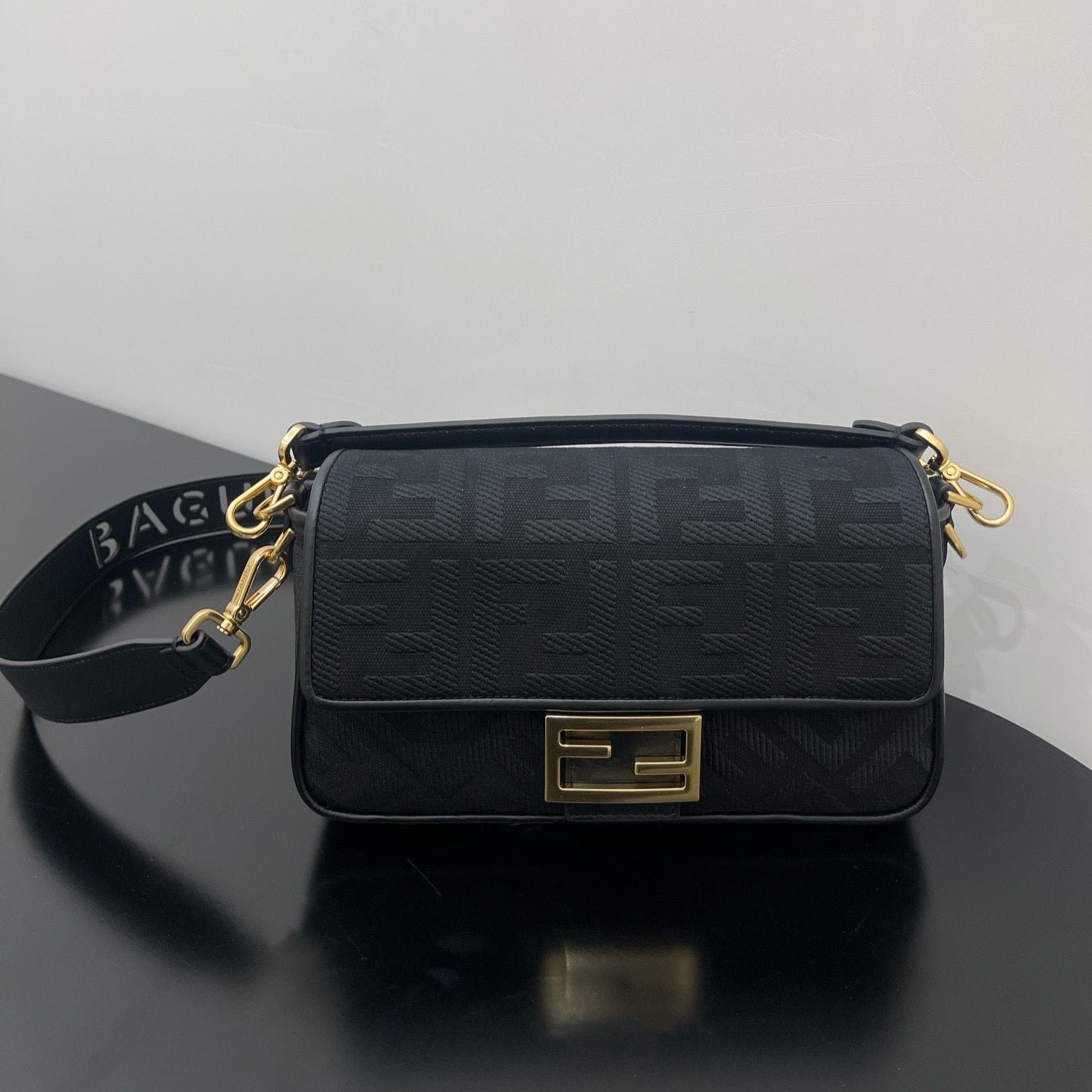 {Style No: UMXNPF37} FENDI 26 BAGUETTE BLACK NAPPA LEATHER BAG WITH GOLD HARDWARE