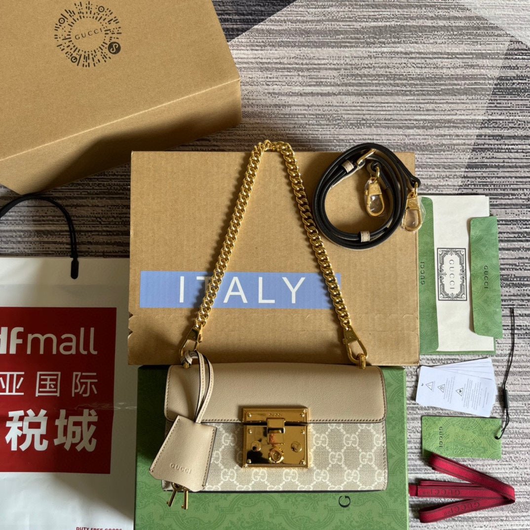 {Style No: KR623R15} PADLOCK 22 SMALL GG SHOULDER BAG IN BEIGE CALFSKIN AND CANVAS