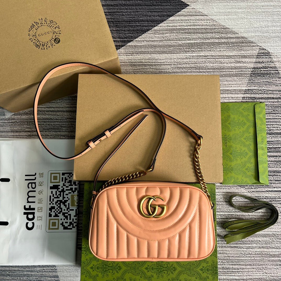 {Style No: MNIKFKCP} GG MARMONT SMALL 24 MATELASSÉ IN PEACH PINK CALFSKIN