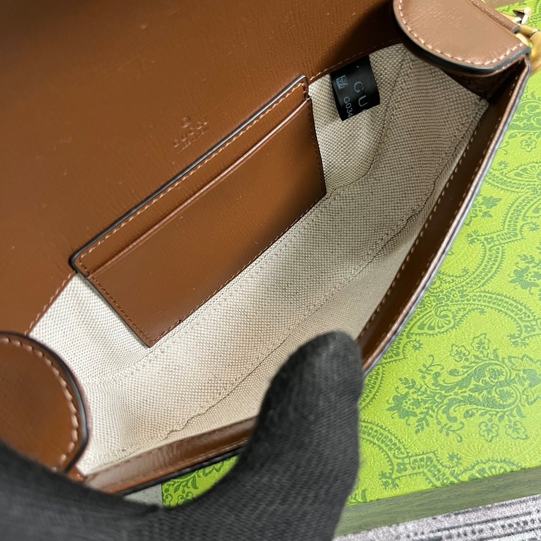 {Style No: PWBST96J} GG MINI 13 HANDBAG IN BEIGE CANVAS AND BROWN CALFSKIN - Image 9