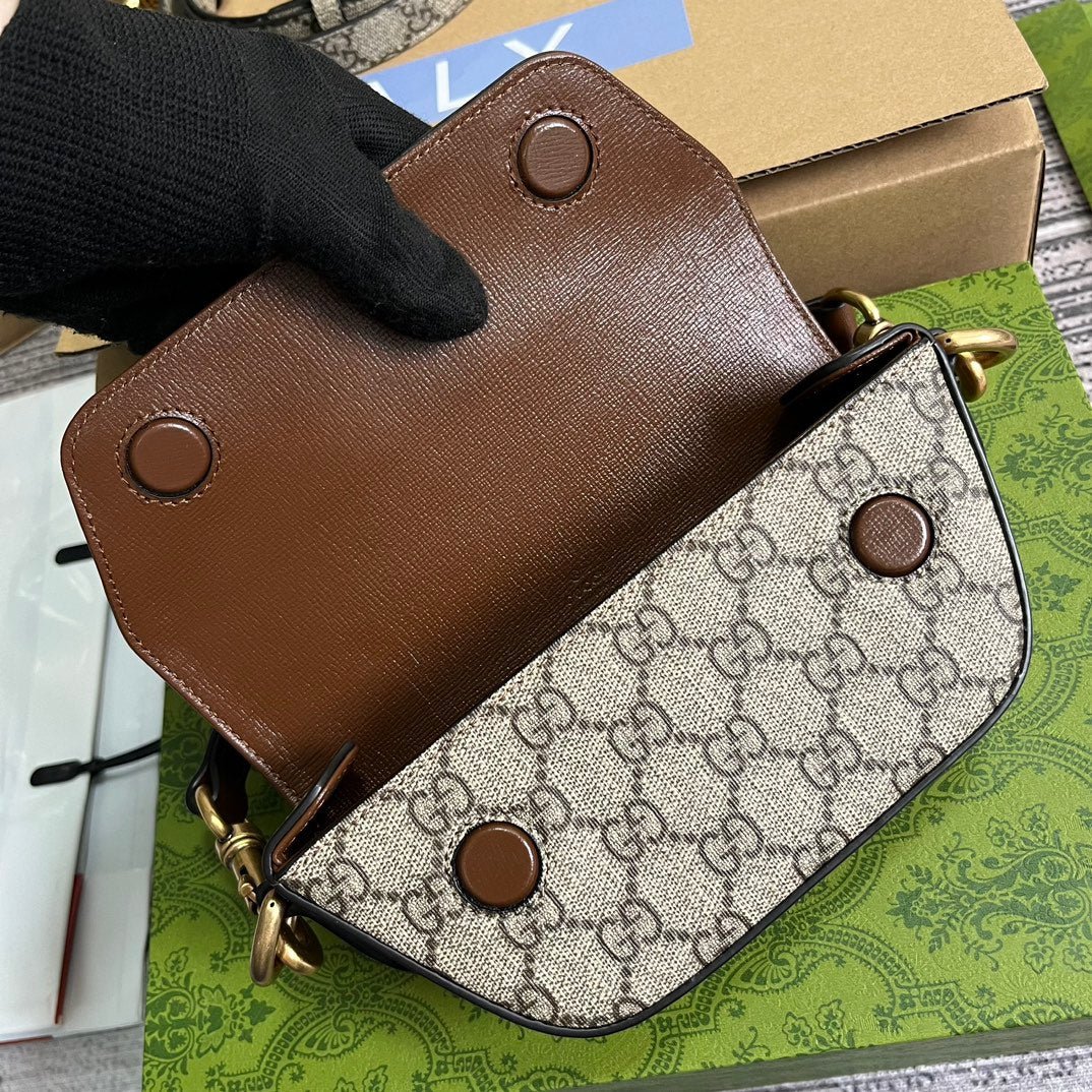 {Style No: PWBST96J} GG MINI 13 HANDBAG IN BEIGE CANVAS AND BROWN CALFSKIN - Image 3