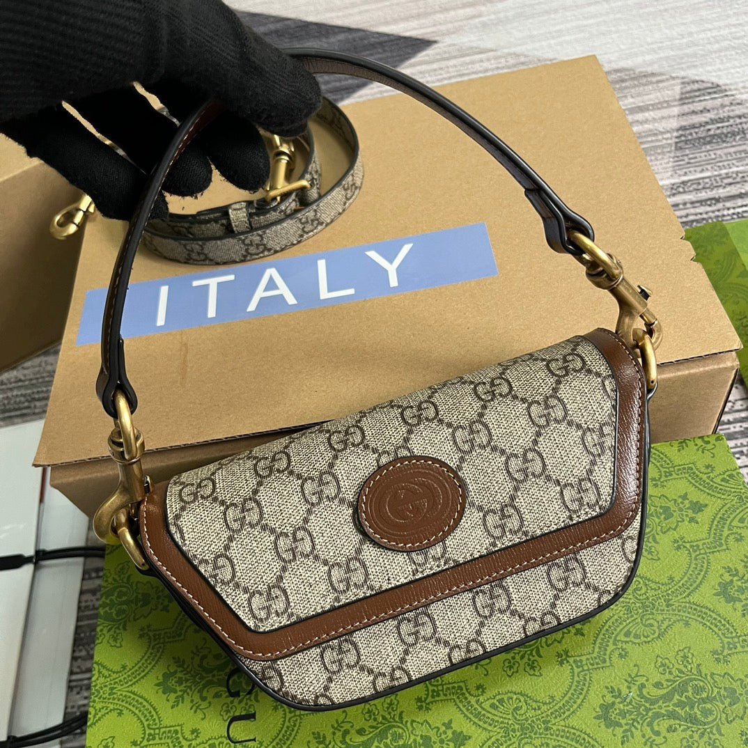 {Style No: PWBST96J} GG MINI 13 HANDBAG IN BEIGE CANVAS AND BROWN CALFSKIN - Image 2