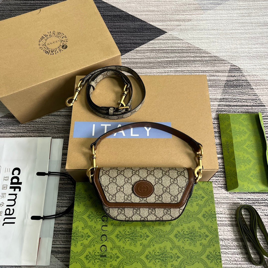 {Style No: PWBST96J} GG MINI 13 HANDBAG IN BEIGE CANVAS AND BROWN CALFSKIN