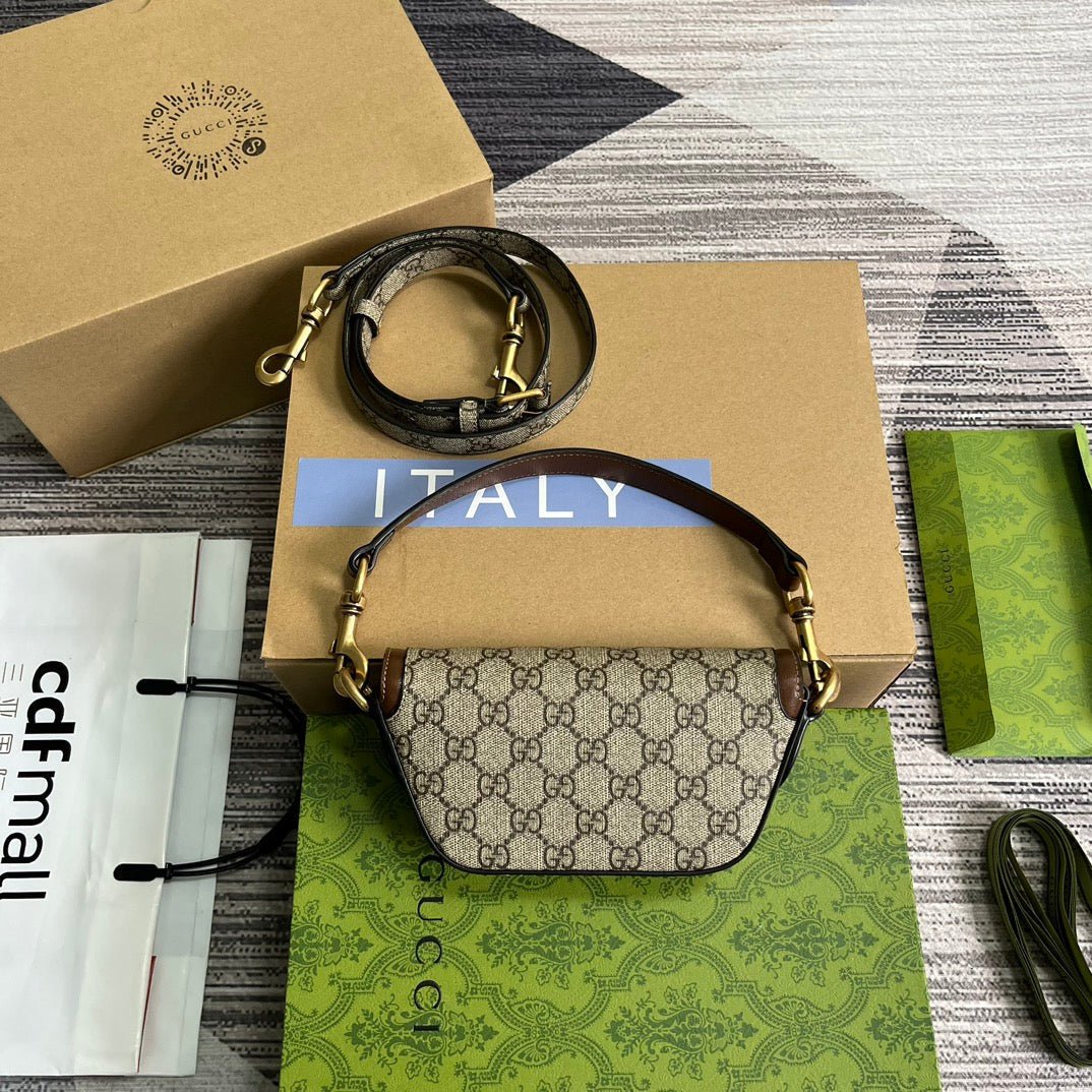 {Style No: PWBST96J} GG MINI 13 HANDBAG IN BEIGE CANVAS AND BROWN CALFSKIN - Image 4
