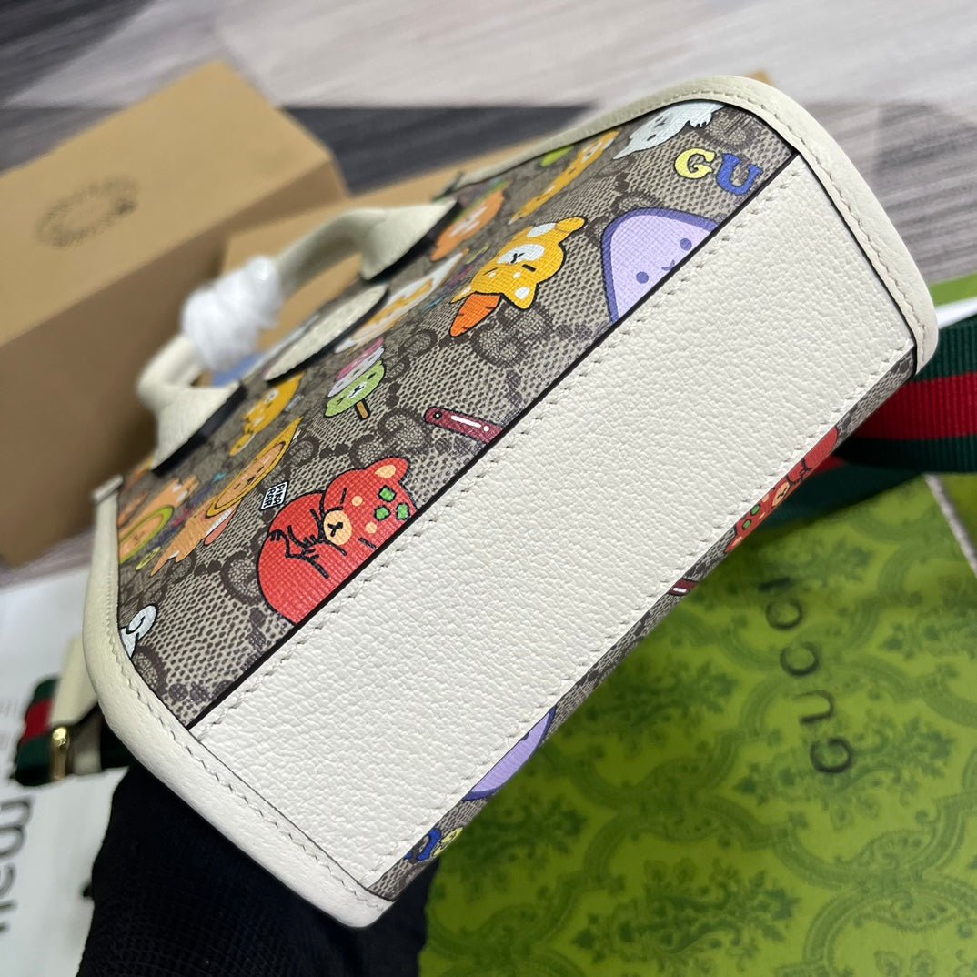 {Style No: O5FHON58} GG MINI 20 ANIMAL PRINTED TOTE IN BEIGE CANVAS AND WHITE CALFSKIN - Image 6