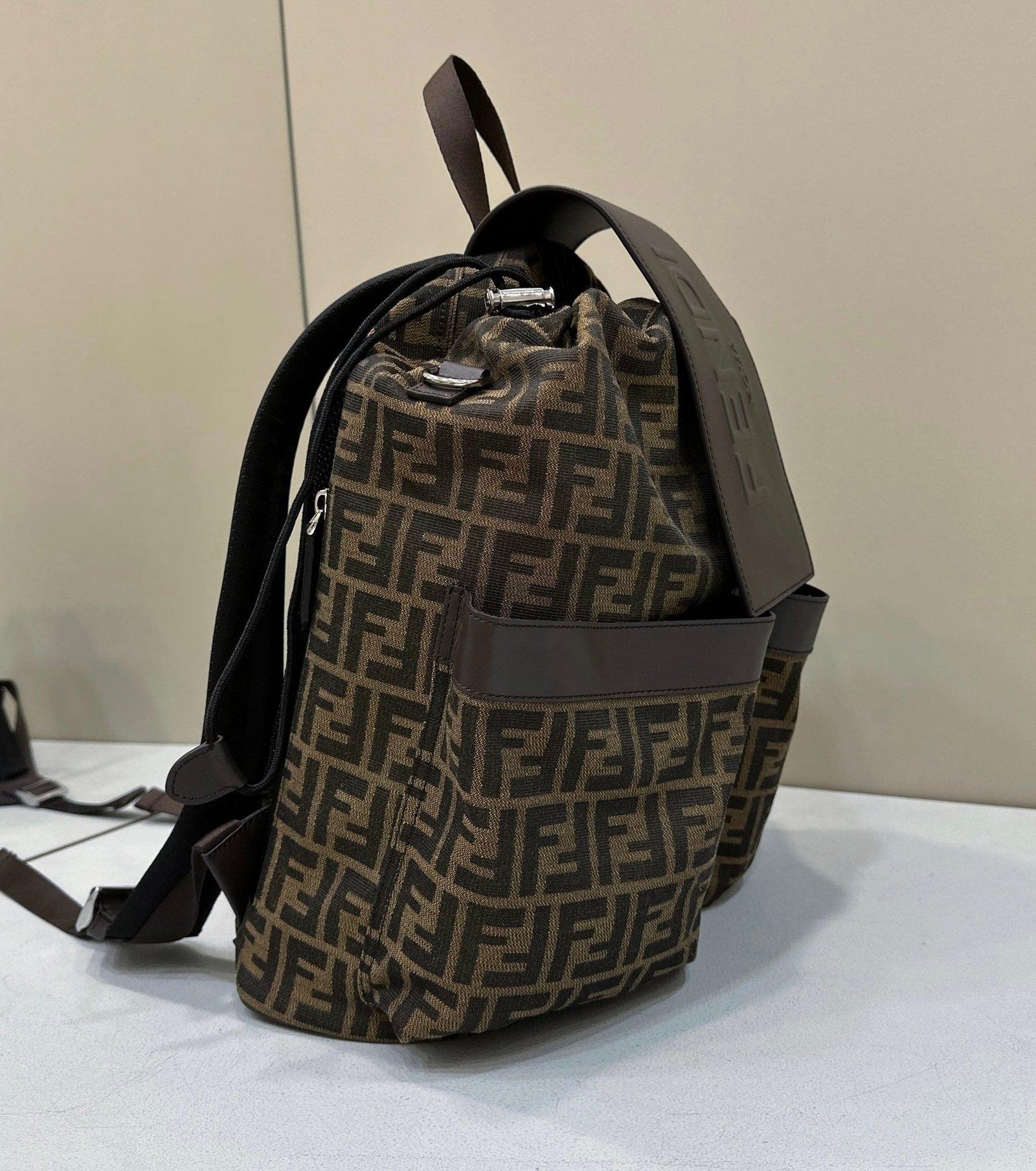 {Style No: N78F42WI} FENDI STRIKE 41 MEDIUM FF MOCHA BROWN JACQUARD FABRIC BACKPACK - Image 2