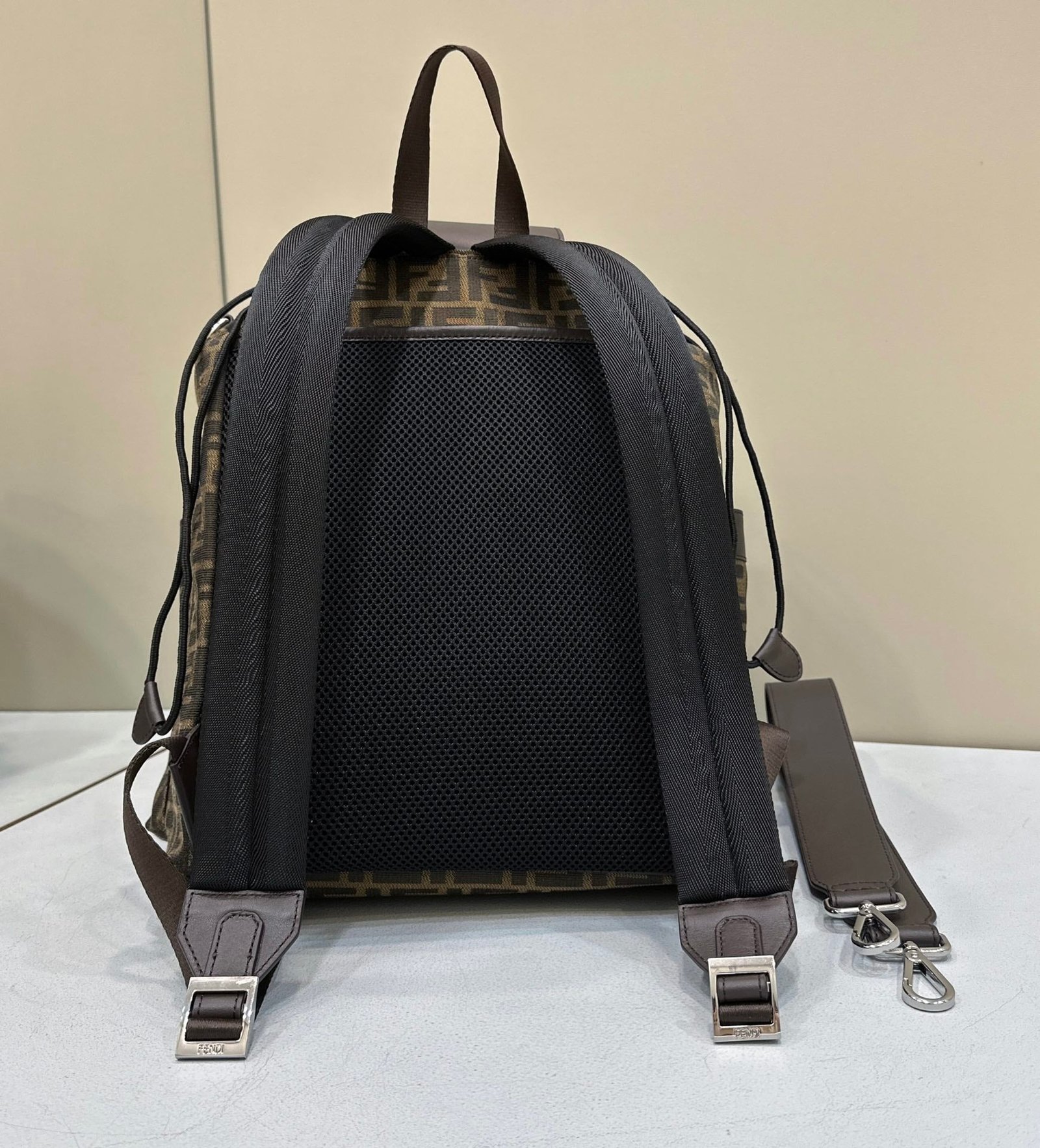 {Style No: N78F42WI} FENDI STRIKE 41 MEDIUM FF MOCHA BROWN JACQUARD FABRIC BACKPACK - Image 6
