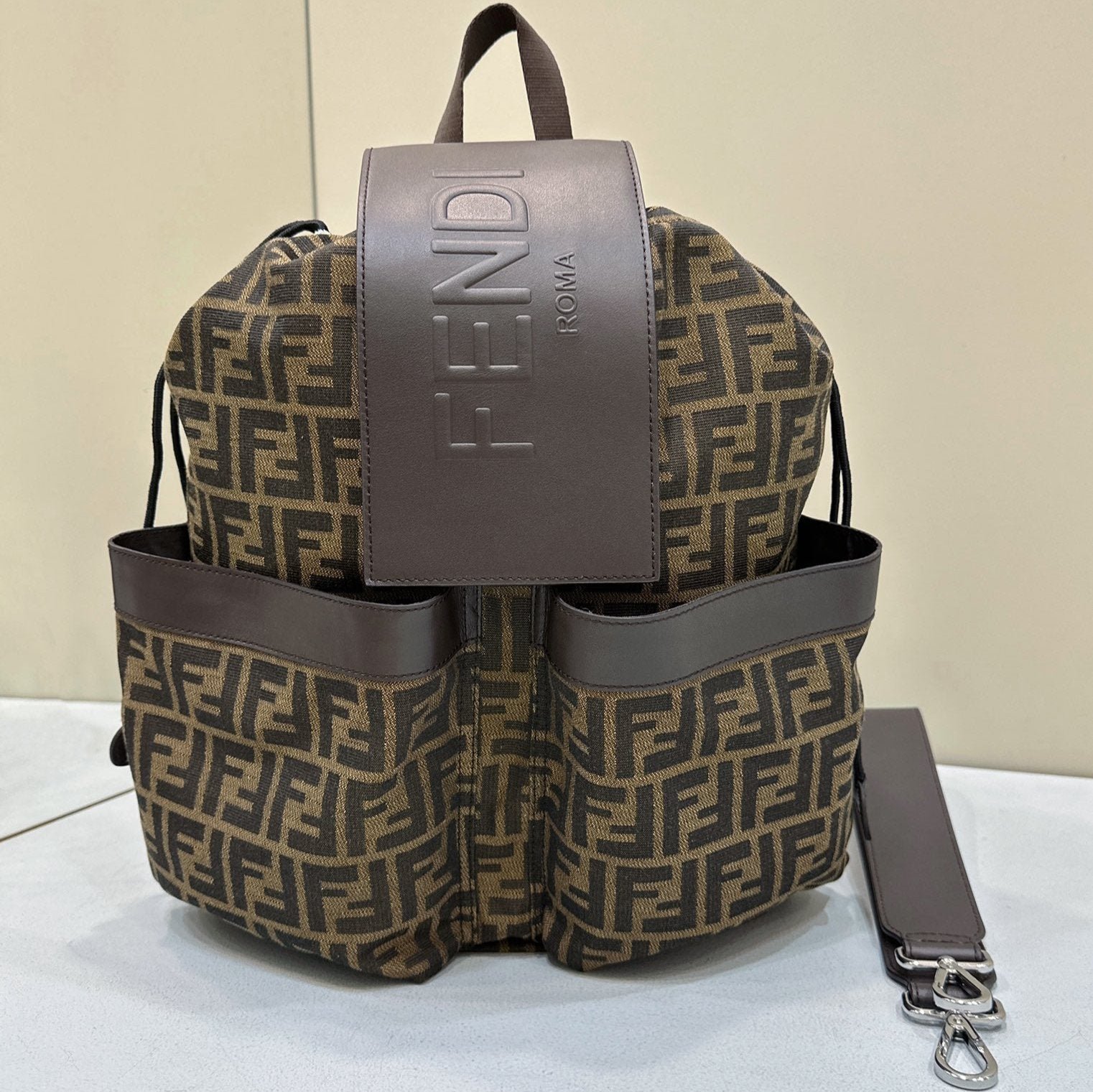 {Style No: N78F42WI} FENDI STRIKE 41 MEDIUM FF MOCHA BROWN JACQUARD FABRIC BACKPACK