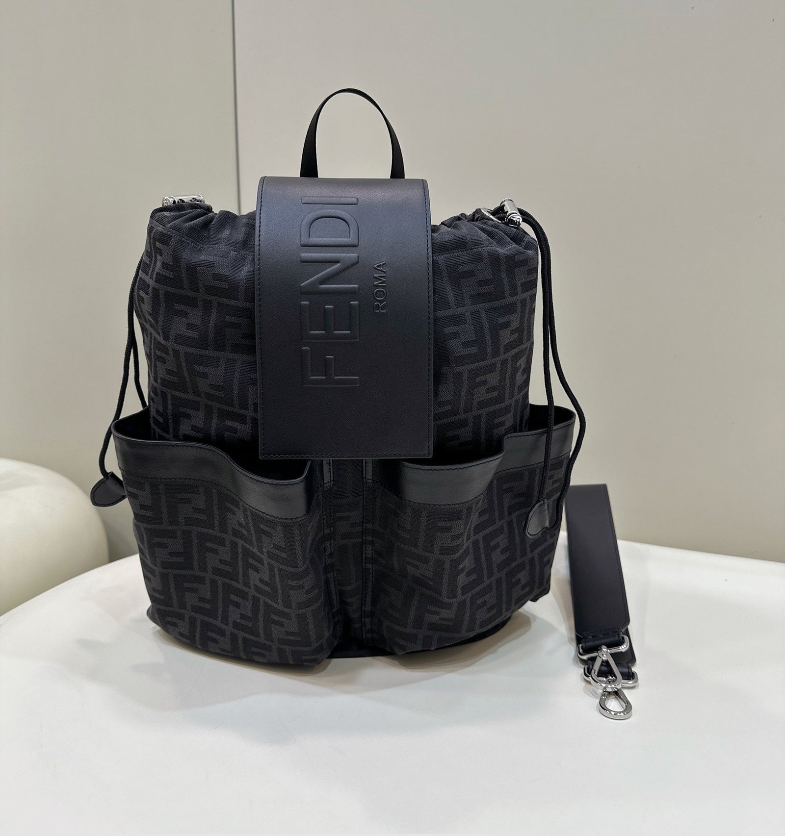 {Style No: 5AEQZRGS} FENDI STRIKE 41 MEDIUM FF BLACK JACQUARD FABRIC BACKPACK