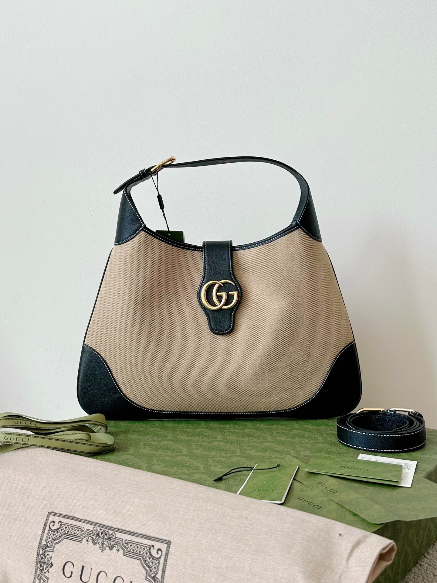 {Style No: MLVE6AIY} LARGE APHRODITE 47 BAG BEIGE CANVAS AND BLACK CALFSKIN - Image 2