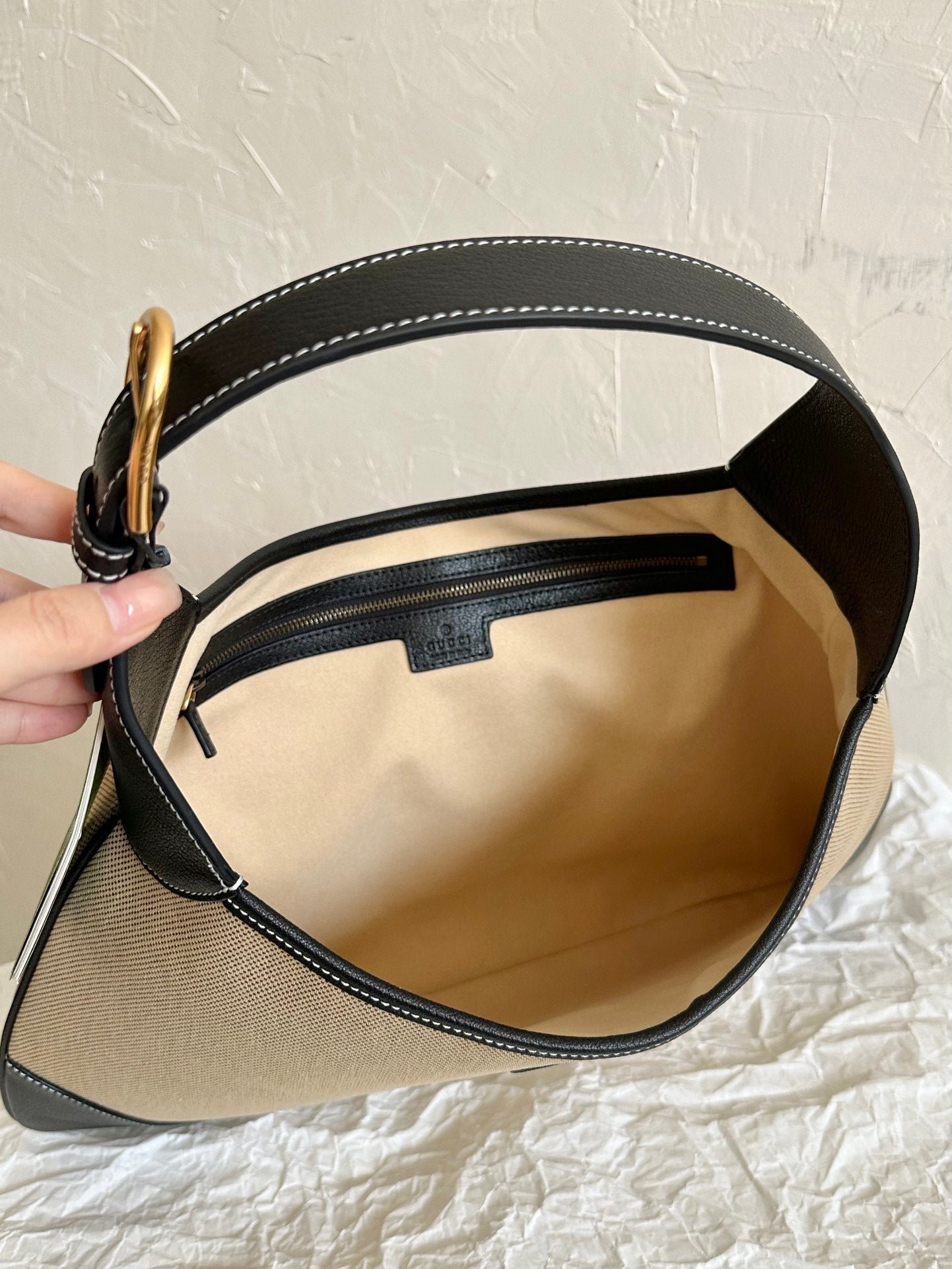 {Style No: MLVE6AIY} LARGE APHRODITE 47 BAG BEIGE CANVAS AND BLACK CALFSKIN - Image 6