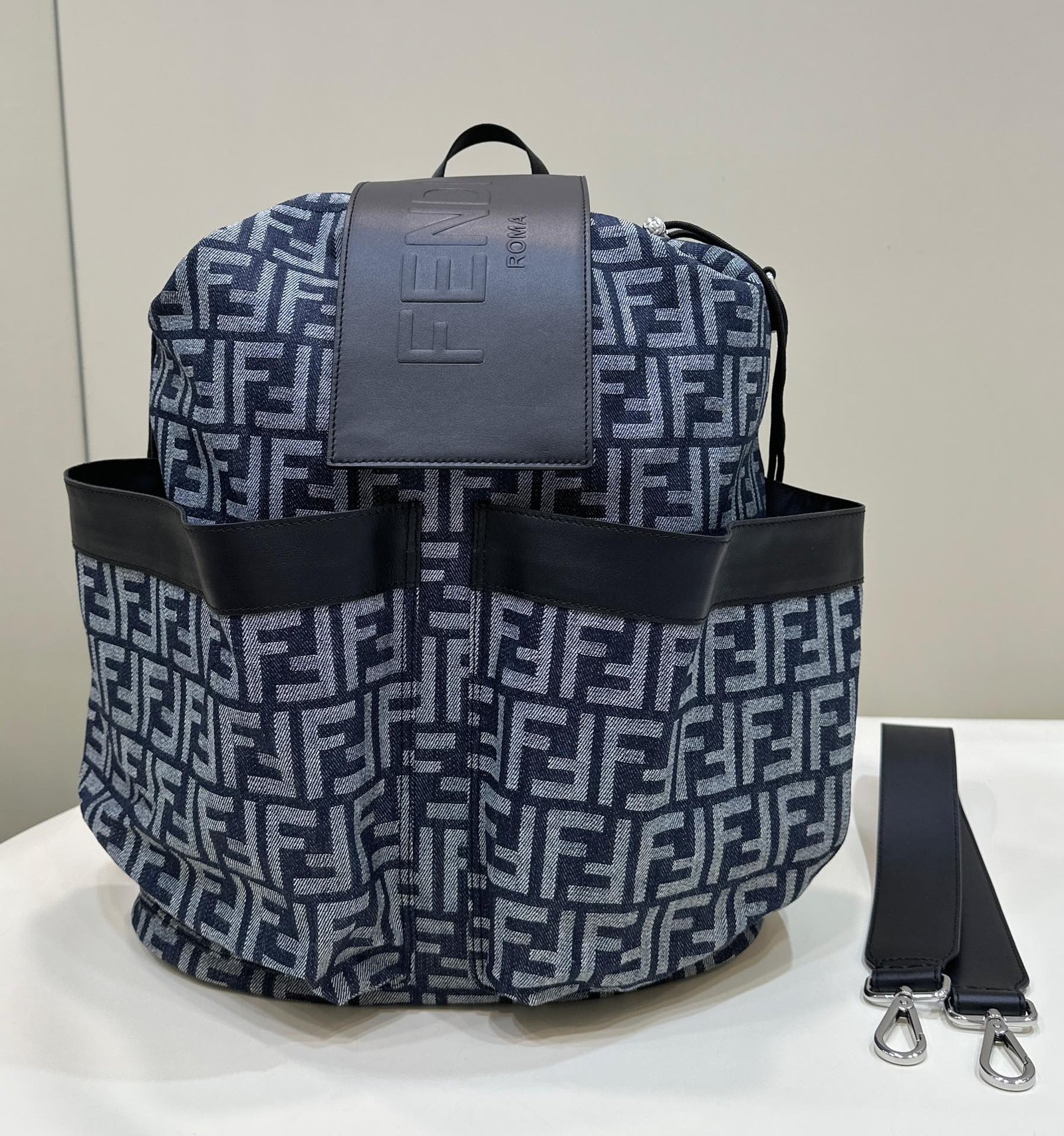 {Style No: SK985NJZ} FENDI STRIKE LARGE 46 FF MIDNIGHT BLUE JACQUARD FABRIC BACKPACK