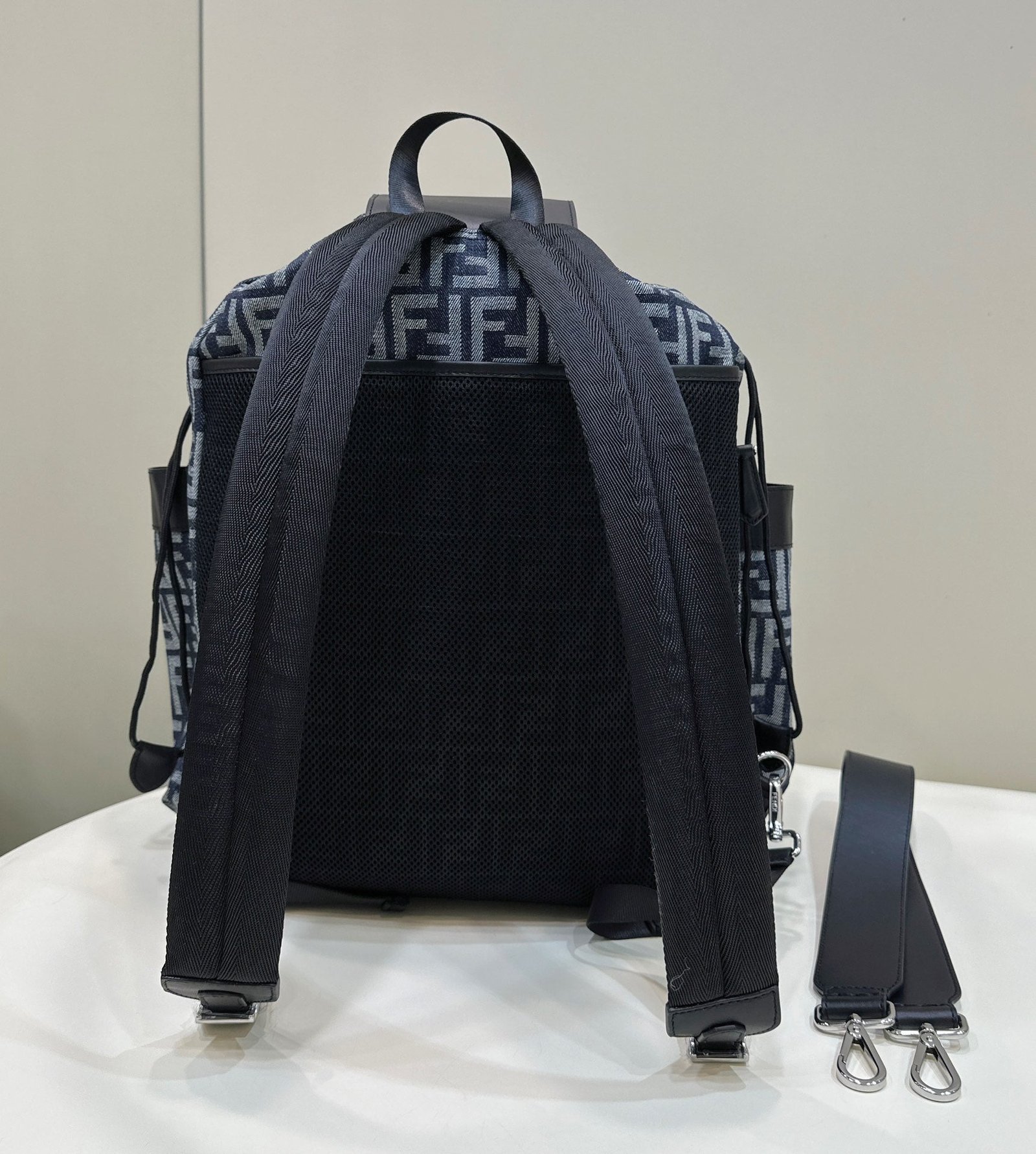 {Style No: SK985NJZ} FENDI STRIKE LARGE 46 FF MIDNIGHT BLUE JACQUARD FABRIC BACKPACK - Image 3