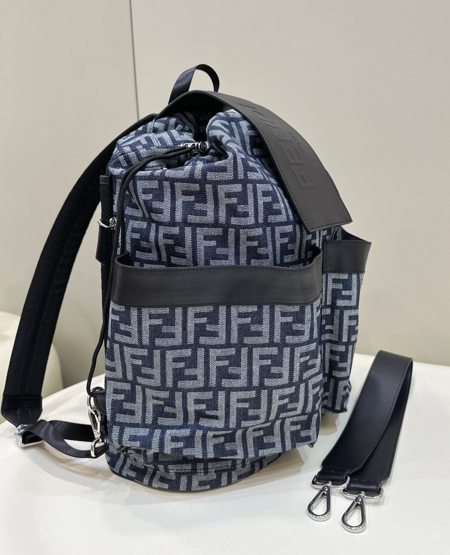 {Style No: SK985NJZ} FENDI STRIKE LARGE 46 FF MIDNIGHT BLUE JACQUARD FABRIC BACKPACK - Image 2