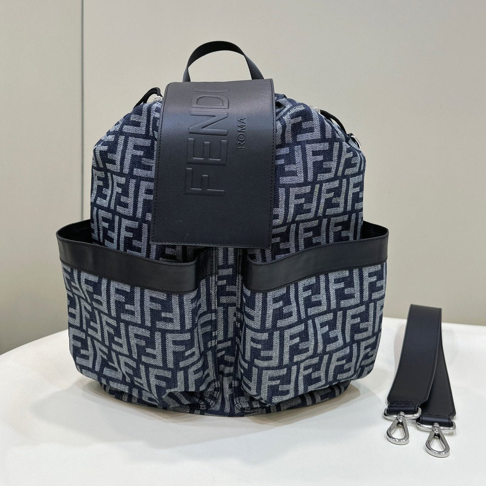 {Style No: P1EKC8P2} FENDI STRIKE 41 MEDIUM FF MIDNIGHT BLUE JACQUARD FABRIC BACKPACK